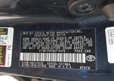 2013 Toyota Camry Le из США, поврежденный, VIN 4T1BF1FK5DU714478